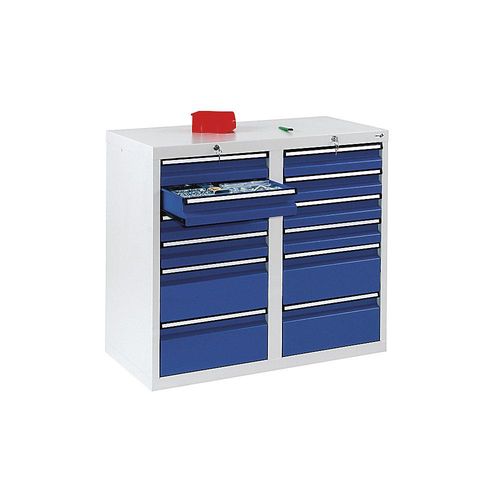 4031068142667 - Schubladenschrank HxBxT 900 x 1000 x 500 mm 8 Schubladen 100 mm 4 Schubladen 200 mm hoch Korpus grau Schubladen enzianblau kaiserkraft