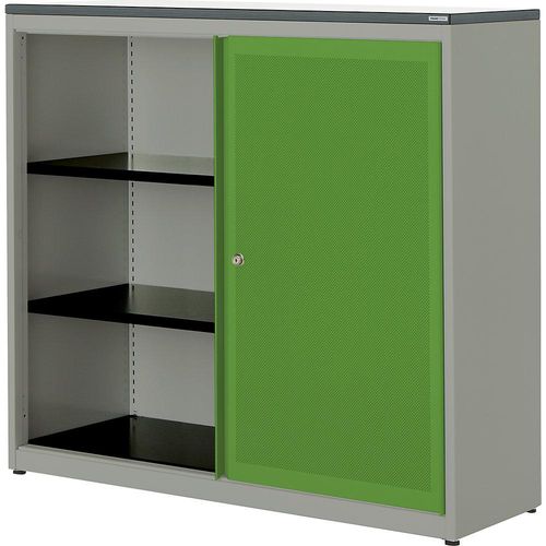 4250633331934 - mauser Schiebetürenschrank akustisch wirksam Kunststoffplatte HxBxT 1180 x 1200 x 432 mm 2 Fachböden weißaluminium   gelbgrün   weiß