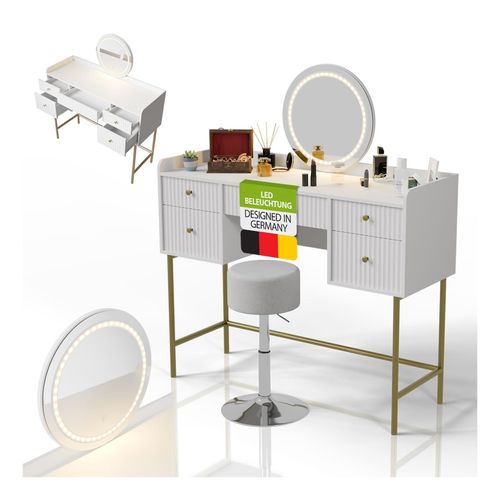 4262437185439 - Schminktisch Samira & Hocker Tonia mit Touch-LED-Spiegel & viel Stauraum 5 Schubladen – Weiß Gold