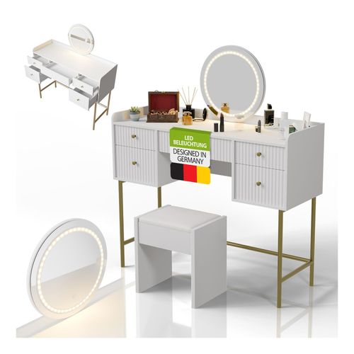 4262437185446 - Schminktisch Samira & Hocker Melly mit Touch-LED-Spiegel & viel Stauraum 5 Schubladen – Weiß Gold