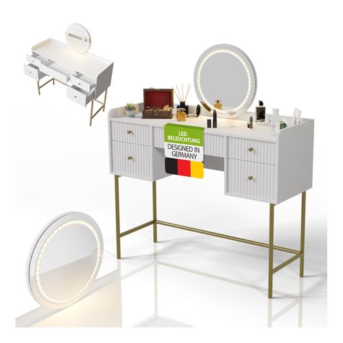 4262437185422 - Schminktisch Samira mit Touch-LED-Spiegel & viel Stauraum 5 Schubladen – Weiß Gold 4262437185422 - Schminktisch Samira mit Touch-LED-Spiegel & viel Stauraum 5 Schubladen – Weiß Gold