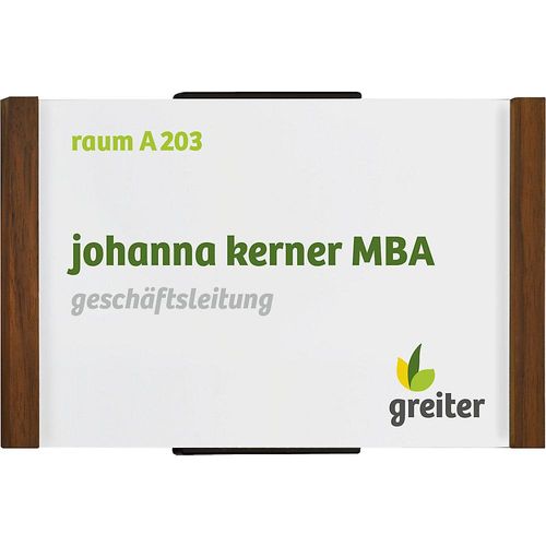 4060081710706 - moedel Türschild LMH DIN A6 Holz- und Aluminiumrahmen individuell beschriftbar Polyester-Abdeckung Klebemontage B 160 x H 103 mm Nussbaum