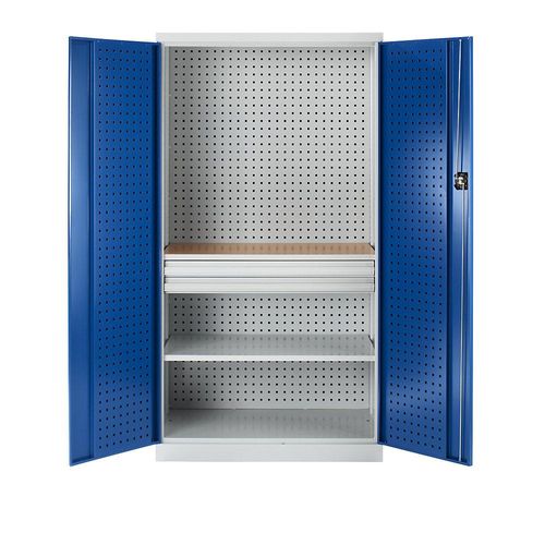 4061753284242 - Werkzeugschrank mit Lochprägung 2 Schubladen 1 Fachboden 1 Arbeitsplatte Türen enzianblau kaiserkraft 4061753284242 - Werkzeugschrank mit Lochprägung 2 Schubladen 1 Fachboden 1 Arbeitsplatte Türen enzianblau kaiserkraft