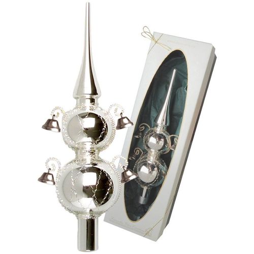 0024762809992 - Christbaumspitze KREBS GLAS LAUSCHA Doppelspitze mit Glöckchen Weihnachtsdeko Christbaumschmuck silber (silberfarben) H29cm Ø9cm Glas Weihnachtsbaumschmuck mundgeblasen