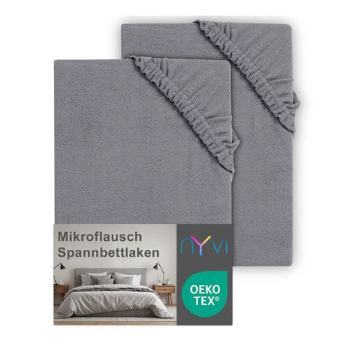 4255636639803 - NYVI Spannbettlaken DreamScience Mikroflausch - Kuschelweiches & Wärmendes Bettlaken Spannbetttuch Farbegrau Größe180x200 - 200x200 cm (2er Pack)