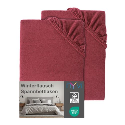 4255636639506 - NYVI Spannbettlaken DreamScience Winterflausch für Matratzen bis 22 cm Höhe - Wärmendes & Kuschelweiches Winter Bettlaken Spannbetttuch Farbebordeaux Größe180 - 200x220 + 40 cm Boxspringbett (2er Pack)