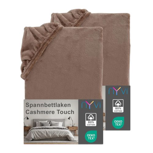 4255636640052 - NYVI Spannbettlaken DreamScience Cashmere Touch Spannbetttuch - Kuschelweiches & Wärmendes Bettlaken für Matratzenhöhe bis zu 22 cm Farbenougat Größe140x200 - 160x200 cm (2er Pack)