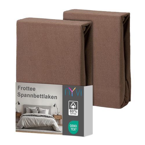 4255636639292 - NYVI Spannbettlaken DreamScience Frottee - Warm und Kuschelig hohe Feuchtigkeitsaufnahme schnell trocknend - Frottier Spannbetttuch Bettlaken Farbenougat Größe180 - 200x220 + 40 cm Boxspringbett (2er Pack)