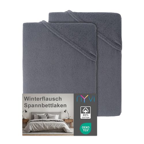 4255636639384 - NYVI Spannbettlaken DreamScience Winterflausch für Matratzen bis 22 cm Höhe - Wärmendes & Kuschelweiches Winter Bettlaken Spannbetttuch Farbeanthrazit Größe90x200 - 100x200 cm (2er Pack)