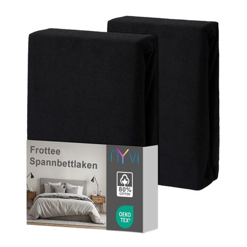 4255636639230 - NYVI Spannbettlaken DreamScience Frottee - Warm und Kuschelig hohe Feuchtigkeitsaufnahme schnell trocknend - Frottier Spannbetttuch Bettlaken Farbeschwarz Größe180x200 - 200x200 cm (2er Pack)