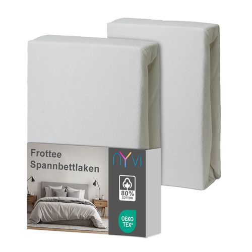 4255636639148 - NYVI Spannbettlaken DreamScience Frottee - Warm und Kuschelig hohe Feuchtigkeitsaufnahme schnell trocknend - Frottier Spannbetttuch Bettlaken Farbeweiß Größe180x200 - 200x200 cm (2er Pack)