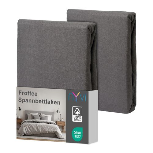 4255636639308 - NYVI Spannbettlaken DreamScience Frottee - Warm und Kuschelig hohe Feuchtigkeitsaufnahme schnell trocknend - Frottier Spannbetttuch Bettlaken Farbegrau Größe180 - 200x220 + 40 cm Boxspringbett (2er Pack)