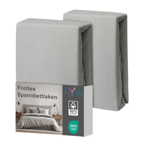 4255636639315 - NYVI Spannbettlaken DreamScience Frottee - Warm und Kuschelig hohe Feuchtigkeitsaufnahme schnell trocknend - Frottier Spannbetttuch Bettlaken Farbesilber Größe180 - 200x220 + 40 cm Boxspringbett (2er Pack)