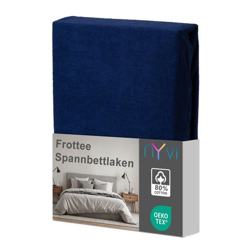 4255636634075 - NYVI Spannbettlaken DreamScience Frottee - Warm und Kuschelig hohe Feuchtigkeitsaufnahme schnell trocknend - Frottier Spannbetttuch Bettlaken Farbenavyblau Größe140x200 - 160x200 cm