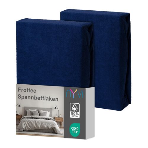 4255636638967 - NYVI Spannbettlaken DreamScience Frottee - Warm und Kuschelig hohe Feuchtigkeitsaufnahme schnell trocknend - Frottier Spannbetttuch Bettlaken Farbenavyblau Größe90x200 - 100x200 cm (2er Pack)