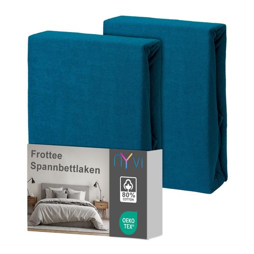 4255636639254 - NYVI Spannbettlaken DreamScience Frottee - Warm und Kuschelig hohe Feuchtigkeitsaufnahme schnell trocknend - Frottier Spannbetttuch Bettlaken Farbepetrol Größe180 - 200x220 + 40 cm Boxspringbett (2er Pack)