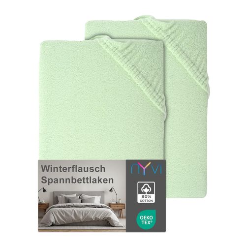 4255636639414 - NYVI Spannbettlaken DreamScience Winterflausch für Matratzen bis 22 cm Höhe - Wärmendes & Kuschelweiches Winter Bettlaken Spannbetttuch Farbeeukalyptus Größe140x200 - 160x200 cm (2er Pack)