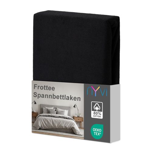4255636634044 - NYVI Spannbettlaken DreamScience Frottee - Warm und Kuschelig hohe Feuchtigkeitsaufnahme schnell trocknend - Frottier Spannbetttuch Bettlaken Farbeschwarz Größe90x200 - 100x200 cm