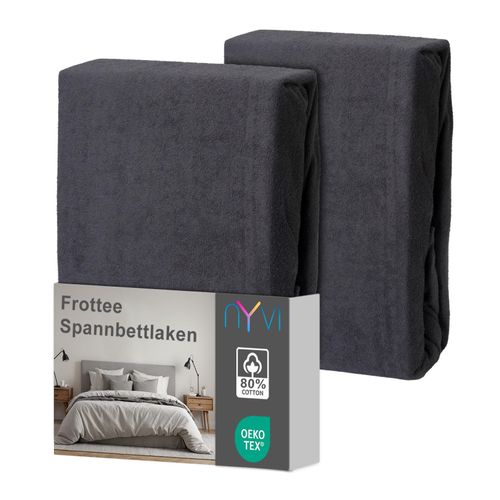 4255636639322 - NYVI Spannbettlaken DreamScience Frottee - Warm und Kuschelig hohe Feuchtigkeitsaufnahme schnell trocknend - Frottier Spannbetttuch Bettlaken Farbeanthrazit Größe180 - 200x220 + 40 cm Boxspringbett (2er Pack)
