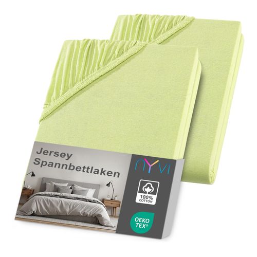 4255636635485 - NYVI Jersey Spannbettlaken DreamScience für Matratzen bis 22 cm Höhe - Weich & Anschmiegsam Rundumgummizug Bügelfrei Farbeapfelgrün Größe120x200 - 130x200 cm (2er Pack)