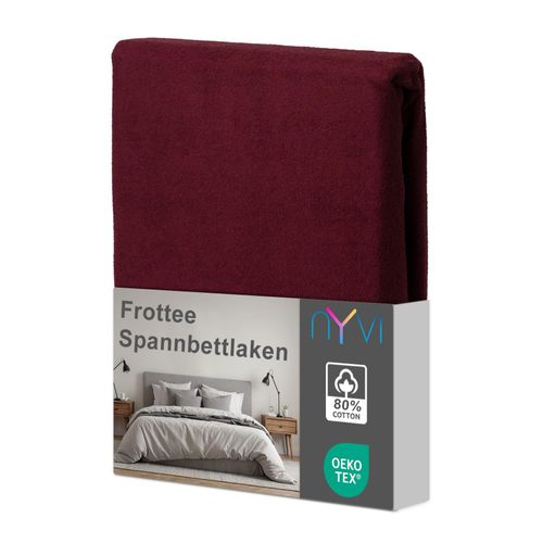 4255636634297 - NYVI Spannbettlaken DreamScience Frottee - Warm und Kuschelig hohe Feuchtigkeitsaufnahme schnell trocknend - Frottier Spannbetttuch Bettlaken Farbebordeaux Größe180 - 200x220 + 40 cm Boxspringbett
