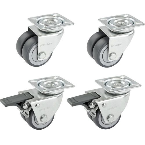 4251260116246 - Set Doppelrollen aus thermoplastischen Gummireifen 4 Lenkrollen davon 2 mit Doppelstopp mit Montageplatte Rad-Ø x Breite 75 x 23 mm Kugellager Proroll