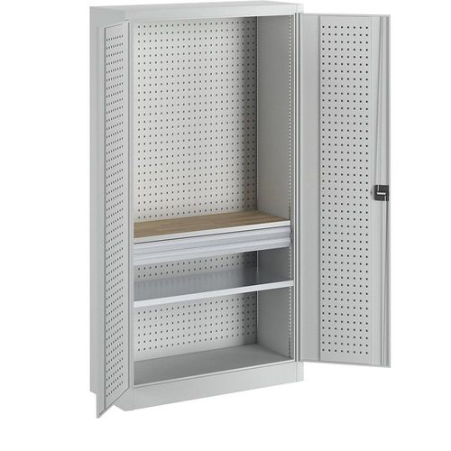 4061753284259 - Werkzeugschrank mit Lochprägung 2 Schubladen 1 Fachboden 1 Arbeitsplatte Türen lichtgrau kaiserkraft 4061753284259 - Werkzeugschrank mit Lochprägung 2 Schubladen 1 Fachboden 1 Arbeitsplatte Türen lichtgrau kaiserkraft