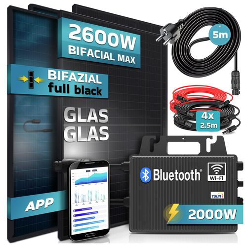 4255656236525 - SUNNIVA® 2600W Balkonkraftwerk 2000W komplett Steckdose TSUN 2000W Wechselrichter PV Solaranlage Komplettset 4x 500W BIFAZIAL FULL BLACK Glas-Glas Solarmodule inkl5m Kabel Bluetooth