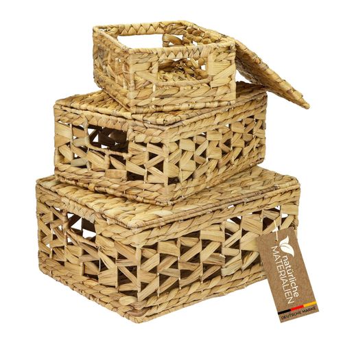 4010537373429 - HMF Aufbewahrungskorb mit Deckel 3er-Set Korb geflochten aus Wasserhyazinthe Klein Mittel Groß