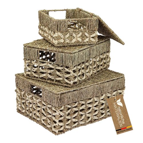 4010537371432 - HMF Aufbewahrungskorb mit Deckel 3er-Set Korb geflochten aus Seegras und Palmblättern Klein Mittel Groß 4010537371432 - HMF Aufbewahrungskorb mit Deckel 3er-Set Korb geflochten aus Seegras und Palmblättern Klein Mittel Groß