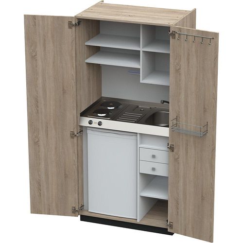 4021176313318 - Schrankküche mit Flügeltüren 2 Massekochfelder Becken rechts Eiche 1956x900x650 mm kaiserkraft