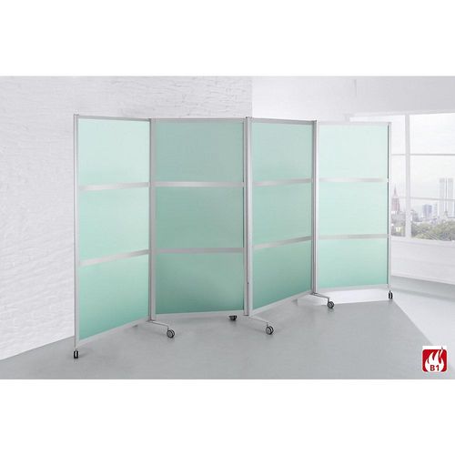 4260222866716 - Mobile Faltstellwand schwer entflammbar Alurahmen mit ESG-Sicherheitsglas HxBxT 1900 x 3700 x 450 mm satiniert kaiserkraft 4260222866716 - Mobile Faltstellwand schwer entflammbar Alurahmen mit ESG-Sicherheitsglas HxBxT 1900 x 3700 x 450 mm satiniert kaiserkraft