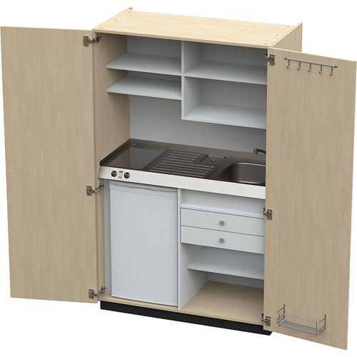 4021177250193 - Schrankküche mit Flügeltüren 2 Glaskeramikkochfelder Becken rechts Birke 1956x1200x650 mm kaiserkraft