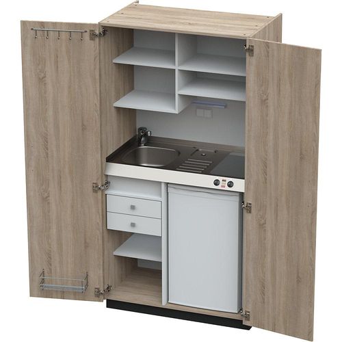 4021176623318 - Schrankküche mit Flügeltüren 2 Glaskeramikkochfelder Becken links Eiche 1956x1000x650 mm kaiserkraft