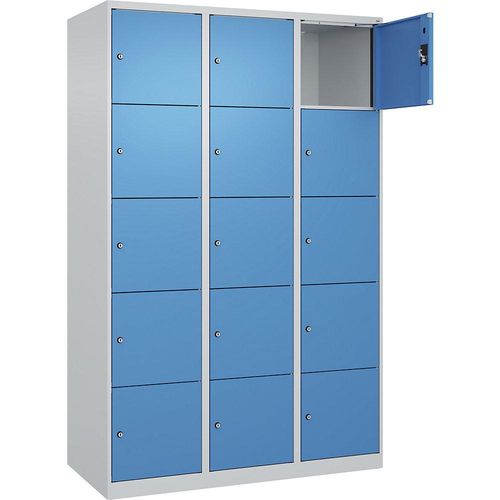 4068192007272 - 5er-Schließfachschrank Evolo PLUS 3 Abteile lichtgrau lichtblau B 1200 mm 15 Fächer mit Bodengleitern Zylinderschloss kaiserkraft 4068192007272 - 5er-Schließfachschrank Evolo PLUS 3 Abteile lichtgrau lichtblau B 1200 mm 15 Fächer mit Bodengleitern Zylinderschloss kaiserkraft
