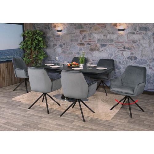 4057651532233 - Esszimmer-Set MCW-G67 Esstisch 6x Stuhl ausziehbar 160-200cm drehbar Marmor-Optik ~ dunkelgrau Beine schwarz