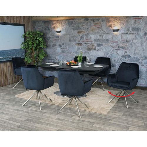 4057651745787 - Esszimmer-Set MCW-G67 Esstisch 6x Stuhl ausziehbar 160-200cm drehbar Marmor-Optik ~ anthrazit-blau Beine Edelstahl