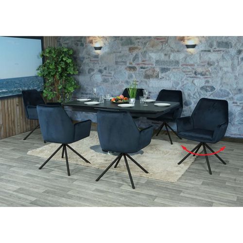 4057651969428 - Esszimmer-Set MCW-G67 Esstisch 6x Stuhl ausziehbar 160-200cm drehbar Marmor-Optik ~ anthrazit-blau Beine schwarz