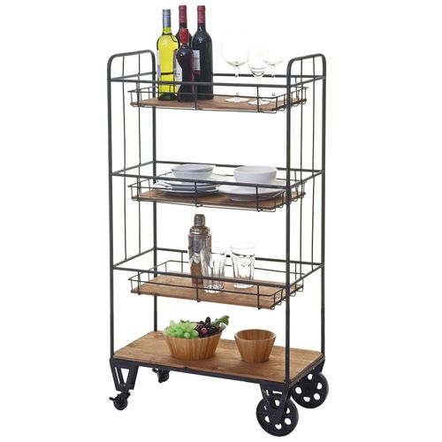 4057651275291 - Servierwagen MCW-D78 Regal Küchenhelfer Barwagen Metallregal mit Hängekörben 4 Ebenen Tanne Holz Vintage 120x67x32cm