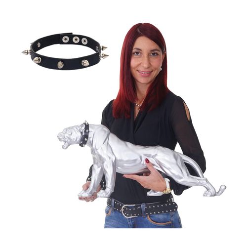 4057651111353 - Deko Figur Panther 59cm Polyresin Skulptur Leopard In- Outdoor ~ silber matt mit Halsband