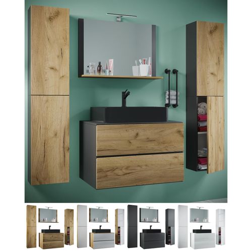 4051814432224 - 5-tlg Waschplatz Waschtisch schwarzes Waschbecken Unterschrank Breite 60 cm Badmöbel Set mit Schubladen Drehtüren Spiegel Lendas S BL
