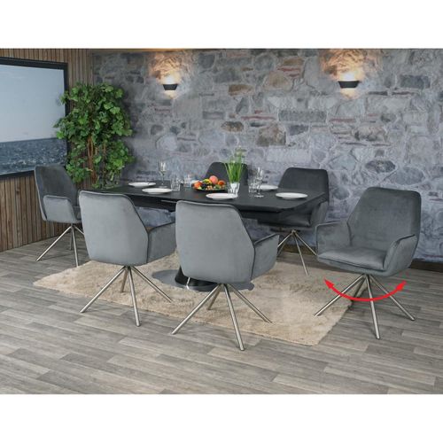 4057651745732 - Esszimmer-Set MCW-G67 Esstisch 6x Stuhl ausziehbar 160-200cm drehbar Marmor-Optik ~ dunkelgrau Beine Edelstahl