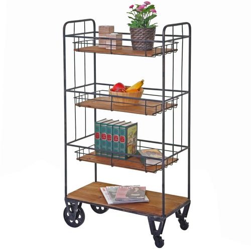 4057651274973 - Rollregal MCW-D78 Regak Rollwagen Bücherregal Metallregal mit Hängekörben 4 Ebenen Tanne Holz Vintage 120x67x32cm