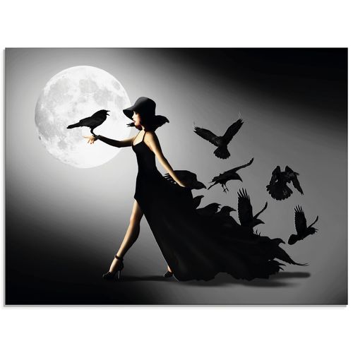 4059745851718 - Glasbild ARTLAND Die Frau mit den Raben Bilder Gr B H 60 cm x 45 cm Glasbild Animal Fantasy Querformat 1 St schwarz Bild Glasbild Glasbilder Bilder in verschiedenen Größen