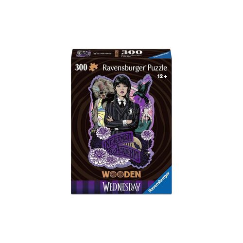 4005555015383 - Ravensburger WOODEN Puzzle 12001538 - WEDNESDAY - 300 Teile Kontur-Holzpuzzle mit stabilen individuellen Puzzleteilen und 25 kleinen Whimsies für Fans der Serie Wednesday ab 12 Jahren
