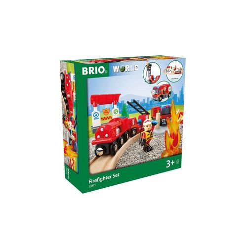 7312350338157 - Bahn - World 33815 Feuerwehr-Set - Holzeisenbahn-Set inklusive Feuerwehr-Auto mit Licht und Sound - Empfohlen für Kinder ab 3 Jahren