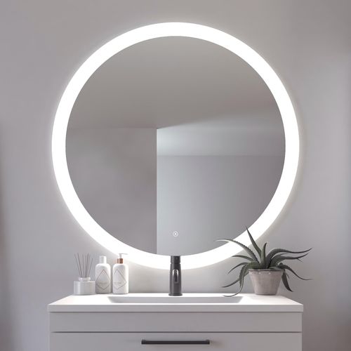 5705387009701 - Badspiegel LOEVSCHALL Vega Rund Badzimmerspiegel mit LED Beleuchtung Lichtspiegel Spiegel Gr B H T 106 cm x 106 cm x 27 cm Spiegelglas silberfarben (silber) Touchpanel für Lichtsteuerung Dimmbar Spiegel Dänisches Design