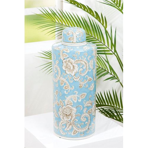 4063387348604 - Bodenvase GILDE Deckelvase Fayencen H44 cm Vasen Gr B H T 18 cm x 44 cm x 18 cm blau Blumenvasen