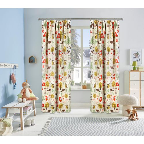 6941446610191 - Verdunkelungsvorhang LÜTTENHÜTT Waldtiere Gardinen Gr 145 cm Kräuselband 130 cm bunt (beige bunt) Landhaus Gardinen Gardine blickdicht bedruckt verschiedene Größen