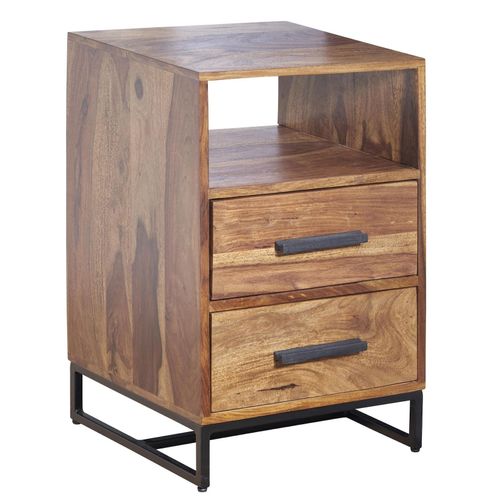 4251757712258 - Nachttisch Sheesham Massivholz   Metall 40x35x66 cm Nachtschrank Boxspringbett Design Nachtkonsole mit 2 Schubladen Nachtkommode Industrial